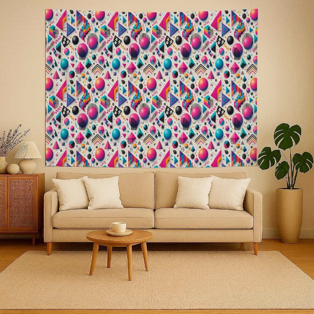 Tapisserie murale géométrique néon rétro 90 Memphi (Retro 90s Memphis Geometric Neon Bold Wall Tapestry)