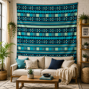 Tapisserie murale géométrique tribale bleue Boho