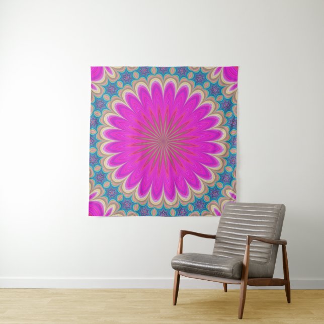 Tapisserie murale Mandala rose et turquoise (En situation)