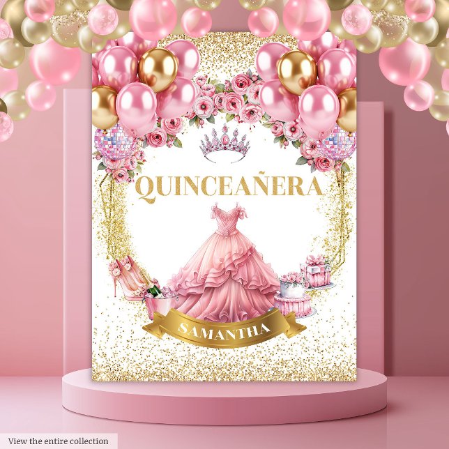 Tapisserie murale Quinceañera Robe rose Or Tiara (Quinceañera Wall Tapestry Pink Dress Gold Tiara

)