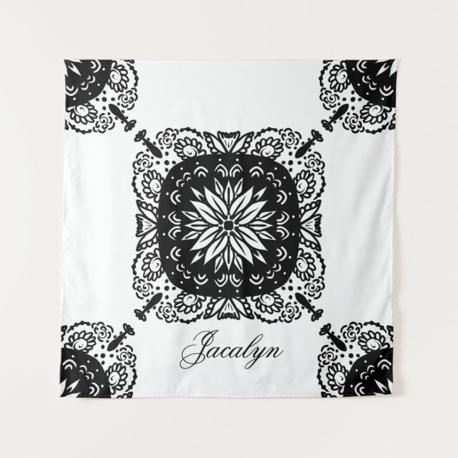 Tapisserie Nom Floral Noir Blanc Mandala (Devant)