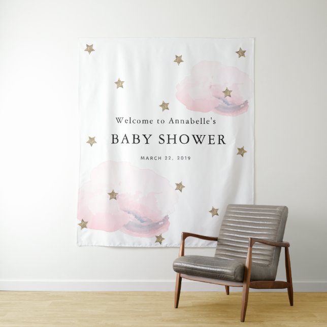 Tapisserie pour Baby Shower Étoiles Dorées et Nuag (En situation)