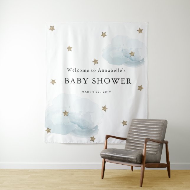 Tapisserie pour Baby Shower Gold Stars & Clouds (En situation)