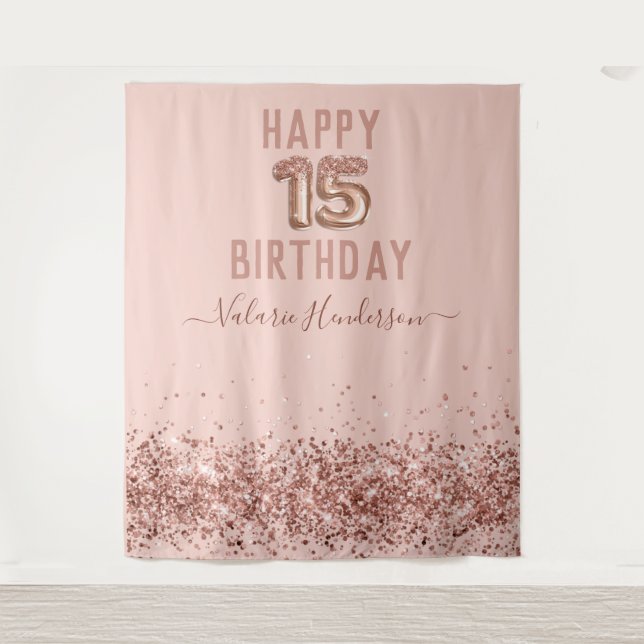 Tapisserie Rose Gold Pink Joyeux 15e Anniversaire (Devant)