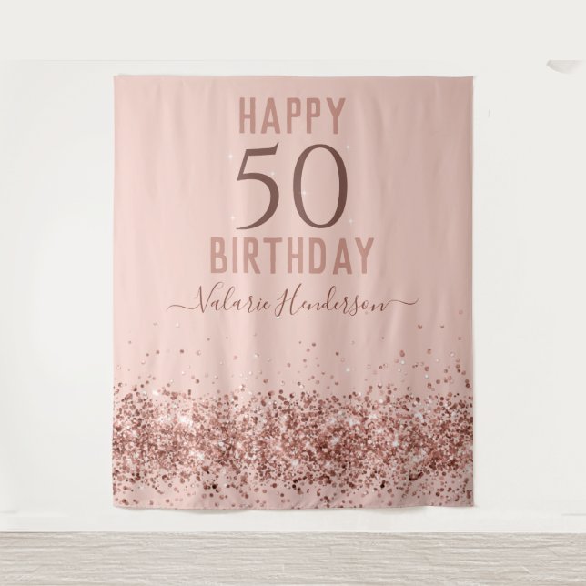 Tapisserie Rose Gold Pink Joyeux 50e Anniversaire (Devant)
