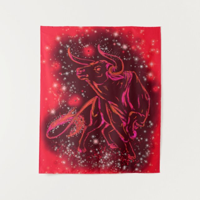 Tapisserie rouge avec Taureau en étoile (Devant)