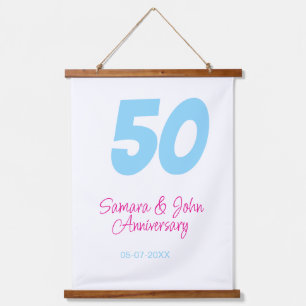 Tapisserie Suspendue 50e anniversaire gras bleu rose nom date élégant 