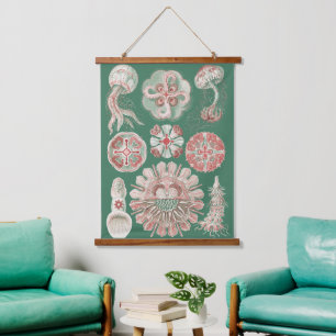 Tapisserie Suspendue Affiche verte méduse rose Ernst Haeckel vie marine