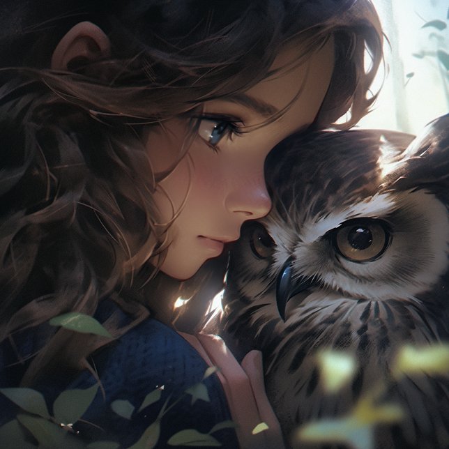 Tapisserie Suspendue Amis Anime (Beautifully created anime style owl and girl.)