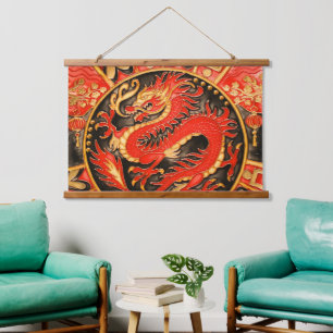 Tapisserie Suspendue Ancien Dragon chinois traditionnel Rouge Or Or