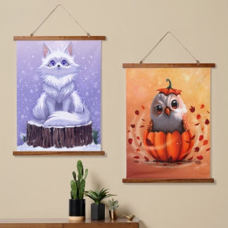 Tapisserie Suspendue animaux sauvages automne à hiver : hibou & renard