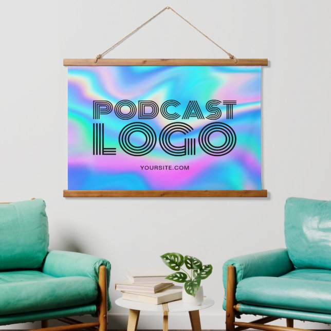 Tapisserie Suspendue Aqua Blue Iridescente Rainbow Modern Podcast Logo (Salon)