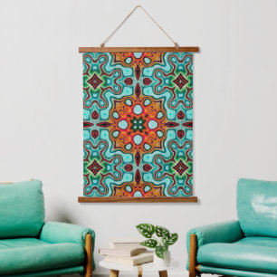 Tapisserie Suspendue Aqua Turquoise Bleu Orange Rouge Brown Tribal Art