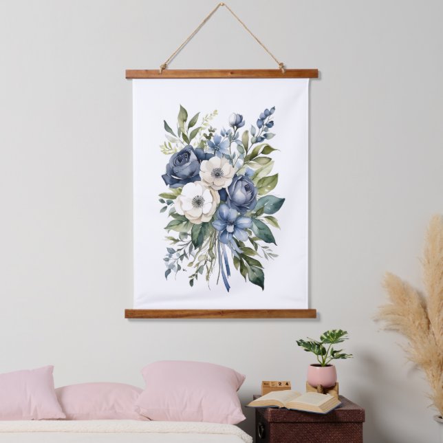 Tapisserie Suspendue Aquarelle Bleu Blanc Fleurs Florales Décor (Chambre à coucher)