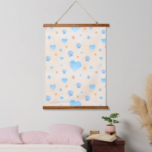 Tapisserie Suspendue Aquarelle Bleu Coeurs et Empreintes de pattes Moti