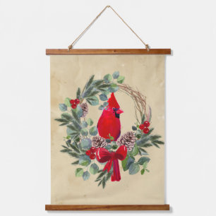 Tapisserie Suspendue Aquarelle Cardinal Oiseau rouge couronne de Noël