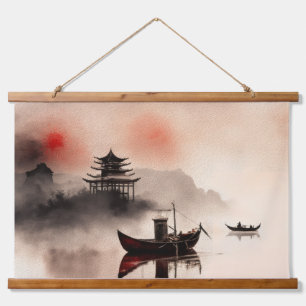 Tapisserie Suspendue Aquarelle chinoise de bateaux de pêche