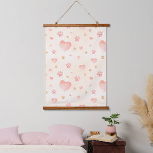 Tapisserie Suspendue Aquarelle Coeurs et Empreintes de pattes Motif