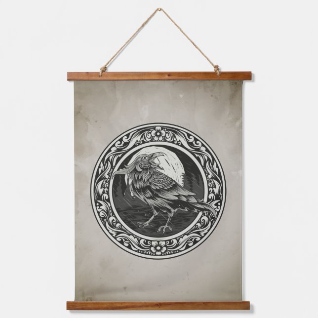 Tapisserie Suspendue Aquarelle Corbeau Oiseau noir Médaillon de la natu (Recto)