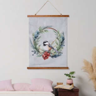 Tapisserie Suspendue Aquarelle Cute Chickadee Bird Wreath Noël