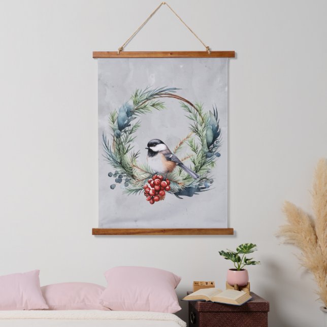 Tapisserie Suspendue Aquarelle Cute Chickadee Bird Wreath Noël (Chambre à coucher)