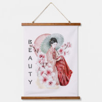 Aquarelle japonaise de Geisha avec Kimono et Sakur