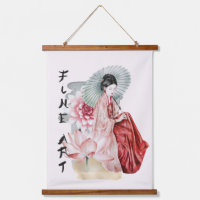 Aquarelle Japonaise Femme Parapluie Lotus Art