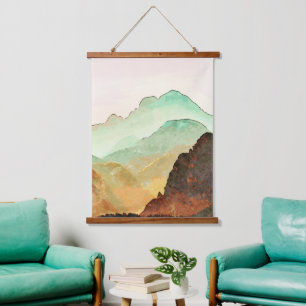 Tapisserie Suspendue Aquarelle Montagnes Paysage en Turquoise et Brown