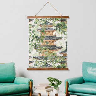 Tapisserie Suspendue Aquarelle Pagode asiatique dans paysage verdoyant 