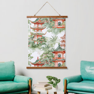 Tapisserie Suspendue Aquarelle Pagode asiatique dans paysage verdoyant 