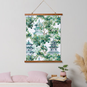 Tapisserie Suspendue Aquarelle Pagode asiatique dans paysage verdoyant