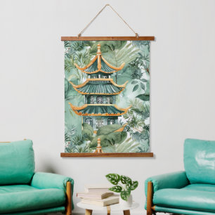 Tapisserie Suspendue Aquarelle Pagode asiatique dans paysage verdoyant 