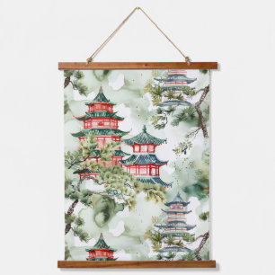 Tapisserie Suspendue Aquarelle Pagode asiatique dans paysage verdoyant 