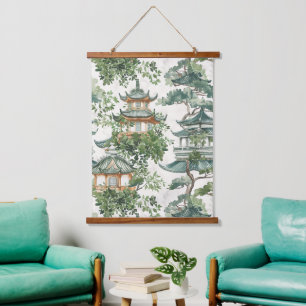 Tapisserie Suspendue Aquarelle Pagode asiatique dans paysage verdoyant