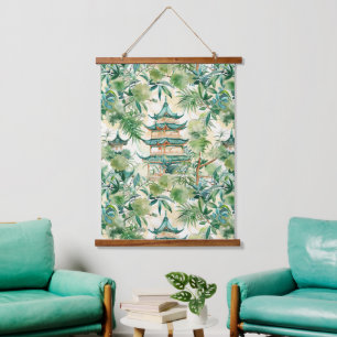 Tapisserie Suspendue Aquarelle Pagode asiatique dans paysage verdoyant 