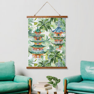 Tapisserie Suspendue Aquarelle Pagode asiatique dans paysage verdoyant