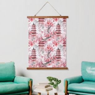 Tapisserie Suspendue Aquarelle Pagode chinoise aux fleurs de cerisiers