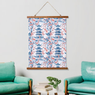 Tapisserie Suspendue Aquarelle Pagode chinoise avec fleurs de cerisiers