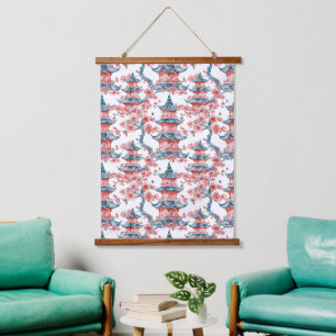Tapisserie Suspendue Aquarelle Pagode chinoise avec fleurs de cerisiers