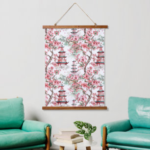 Tapisserie Suspendue Aquarelle Pagode chinoise - Fleurs de cerisiers (1