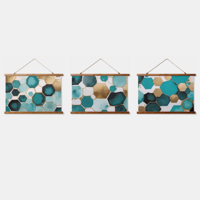 Tapisserie Suspendue Aquarelle turquoise et Gold Honeypeb Grunge (Tripler)