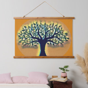 Tapisserie Suspendue Arbre face jaune paysage aquarelle