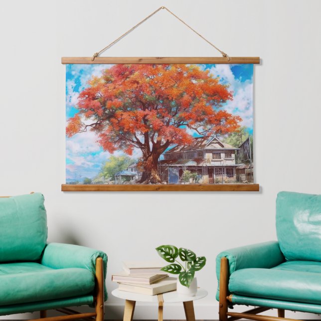 Tapisserie Suspendue Arbre rustique Royal Poinciana dans l'aquarelle de (Salon)