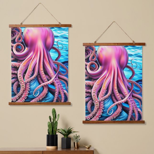 Tapisserie Suspendue Arrière - plan rose octopus bleu Ocean Wave (Asymétrique)