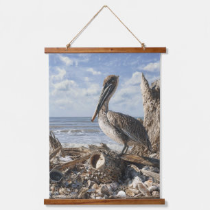 Tapisserie Suspendue Art de scène océanique avec pélican côtier et bois