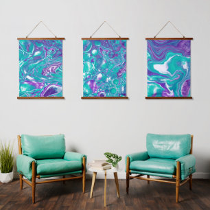 Tapisserie Suspendue Art fluide en marbre turquoise et violet accrochan