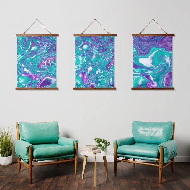 Tapisserie Suspendue Art fluide en marbre turquoise et violet accrochan (Salon)