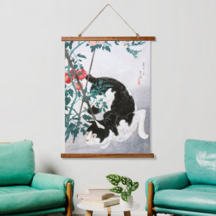 Tapisserie Suspendue Art japonais vintage Chat noir et blanc Tomate