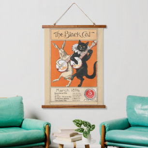 Tapisserie Suspendue Art Rétro Orange Chat Noir Lapin Blanc Banjo