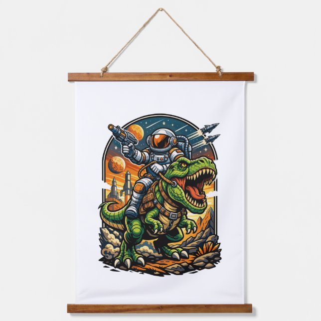 Tapisserie Suspendue Astronaut Riding a T-Rex – Epic Space Dinosaur (Recto)